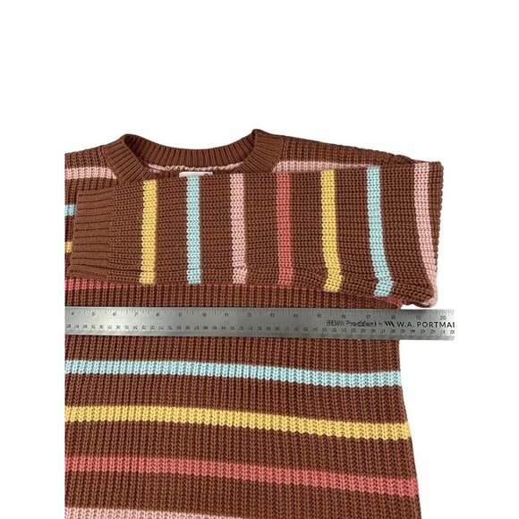 Striped Multicolor Ribbed Knit Sweater Brown Yellow Pink Blue Round Neck Medium - Picture 7 of 11